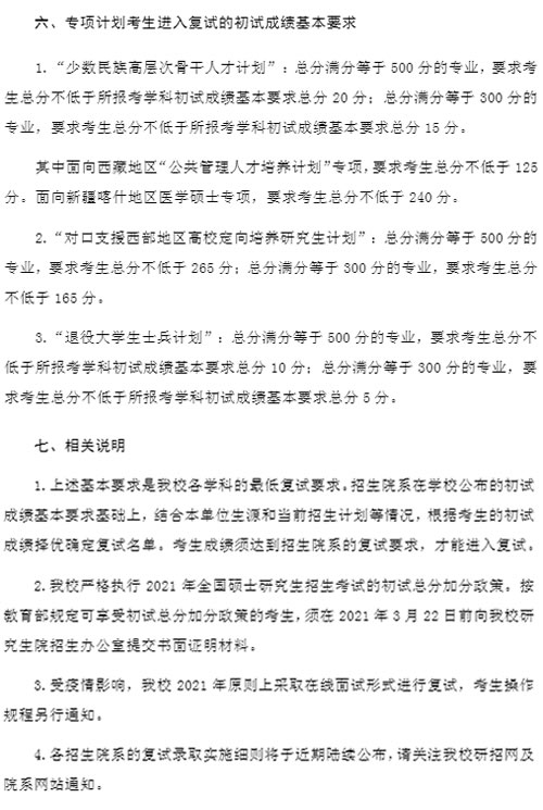 2021考研34所自主劃線分?jǐn)?shù)線：復(fù)旦大學(xué)2021年碩士研究生招生考試考生進(jìn)入復(fù)試的初試成績(jī)基本要求